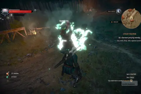 Geralt walczy z potężnym poroniecem w Wiedźmin 3. Baron próbuje go uspokoić.