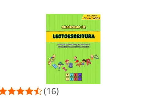Cuaderno de lectoescritura para niños de 4 a 7 años, con divertidas letras y niños aprendiendo.