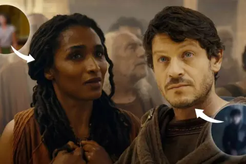 Die Besetzung von "Those About to Die" mit prominenten Gesichtern, die durch Pfeile hervorgehoben werden.