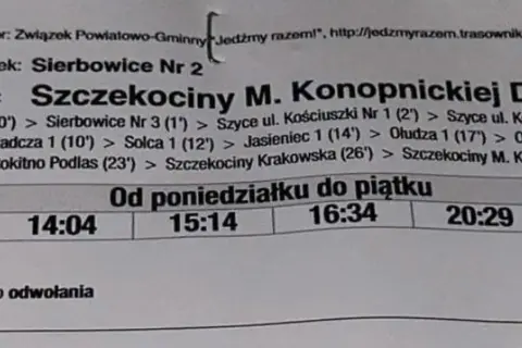 Fragment rozkładu jazdy PKS z godzinami odjazdów: 14:04, 15:14, 16:34, 20:29.