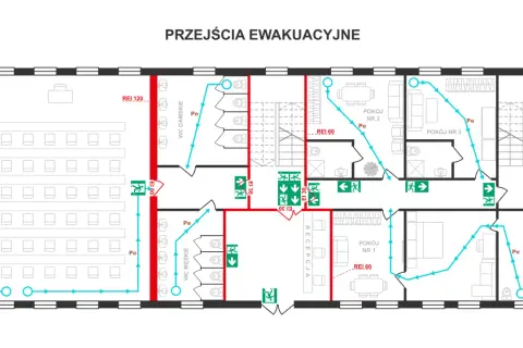 Plan ewakuacji z zaznaczonymi drogami pożarowymi i przejściami. Określono warunki techniczne, np. REI 60.