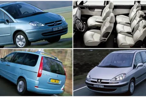 Citroën C8 w kolorze błękitnym i srebrnym, z widokiem na wnętrze z jasnymi skórzanymi fotelami.
