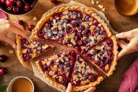 Une délicieuse tarte cerise amande, saupoudrée de sucre glace et d'amandes effilées, est coupée en parts. Des mains tendent pour en prendre une.