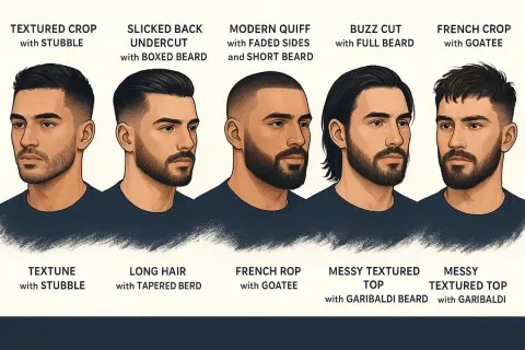 Cinq hommes présentent différentes coupes de cheveux et barbes. La **cheveux texture** varie de courte et texturée à longue et lisse.