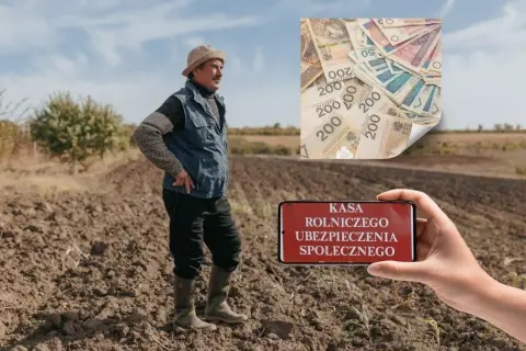 Rolnik na polu, smartfon z napisem "KASA ROLNICZEGO UBEZPIECZENIA SPOŁECZNEGO" i stos banknotów. Emerytura z KRUS.