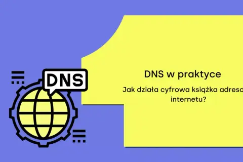 Grafika z napisem "DNS" i globusem. Tekst: "DNS w praktyce. Jak działa cyfrowa książka adresowa internetu?". Wyjaśnienie, dns co to.