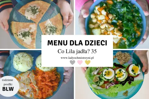 Jadłospis 2 latka: omlet, warzywa z ciecierzycą, mięso z ziemniakami i surówką, sałatka z jajkiem.