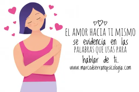 Mujer abrazándose, rodeada de corazones. "El amor hacia ti mismo se evidencia en las palabras que usas para hablar de ti." Frases de amor propio.