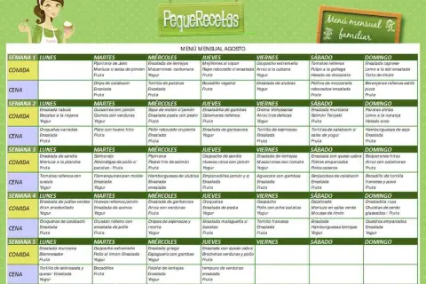 Planifica tus recetas semanales saludables con este menú mensual de agosto. ¡Comidas y cenas variadas para toda la familia!
