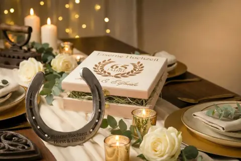 Festlich gedeckter Tisch mit Hufeisen und Holzkiste zur eisernen Hochzeit. 65 Jahre Ehe von Horst & Elfriede gefeiert.
