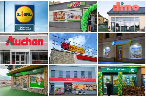 Sześć zdjęć różnych sklepów spożywczych: Lidl, Livio, Dino, Auchan, Biedronka, Żabka, Chorten, Lewiatan, ABC.