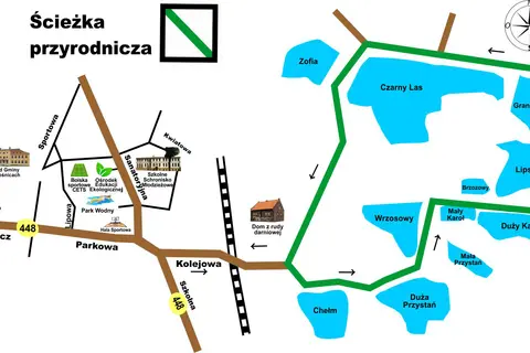 Mapa ścieżki przyrodniczej w Krośnicach. Widoczne stawy krośnickie: Czarny Las, Lipski, Duży Karol, Mały Karol, Wrzosowy, Zofia, Brzozowy, Graniczny, Mała Przystań, Duża Przystań.