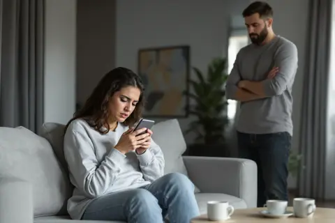 Mężczyzna z założonymi rękami obserwuje kobietę skupioną na telefonie. W powietrzu wisi napięcie, sugerujące obsesyjne kontrolowanie partnera.