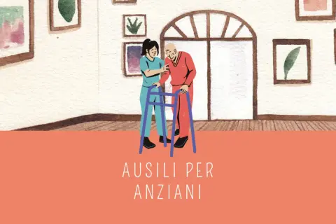 Assistente aiuta anziano con deambulatore. La domotica per anziani migliora la loro autonomia e sicurezza.