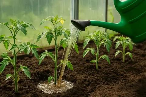 Zielona konewka podlewa młode sadzonki pomidorów w szklarni.