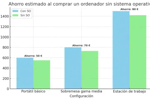 Gráfico de barras muestra el ahorro al comprar ordenadores sin sistema operativo online. Las barras azules indican "Con SO" y las verdes "Sin SO".