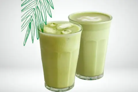 Deux verres de matcha lait de coco, l'un glacé avec des glaçons, l'autre onctueux, sous une feuille de palmier stylisée.