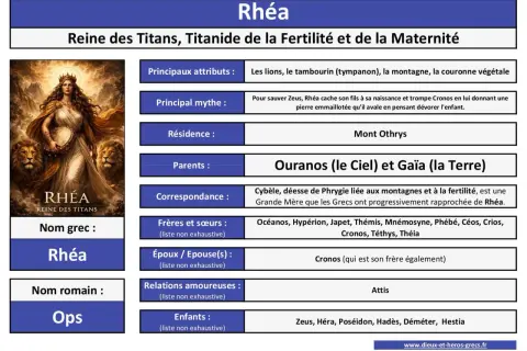 Rhéa, reine des Titans, déesse de la fertilité, est représentée avec des lions et un tambourin. Elle est la mère de Zeus.