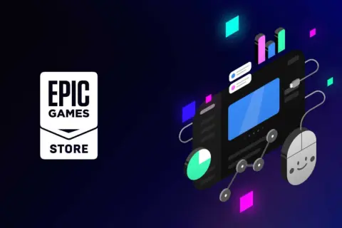 Logo Epic Games Store obok grafiki z myszką i wykresami, symbolizujące darmowe gry Epic Games.