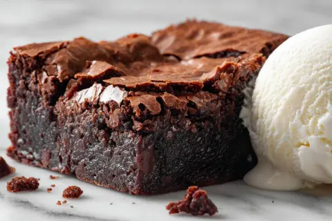 Un brownie au chocolat, parfait pour une recette de brownies moelleux, servi avec une boule de glace à la vanille fondante.