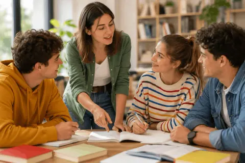 Grupa studentów uczy się razem. Nauczycielka wskazuje na książkę, dając im imperatyw do nauki.