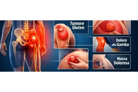 Illustrazione anatomica che mostra il dolore gluteo sinistro, con un tumore gluteo, dolore alla gamba e una massa dolorosa.