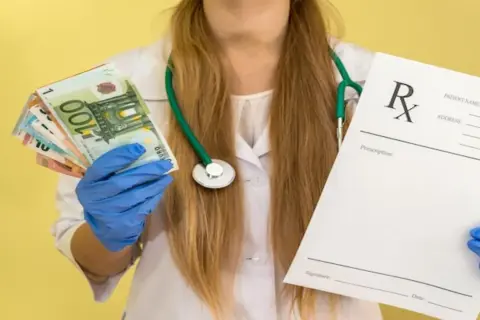 Lekarz w rękawiczkach trzyma receptę i pieniądze. Kto płaci za zwolnienie lekarskie w firmie poniżej 20 osób?