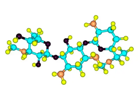 Model cząsteczki gentamycyny, antybiotyku aminoglikozydowego, z atomami w różnych kolorach.