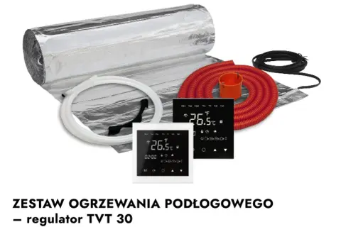 Zestaw ogrzewania podłogowego z matą grzewczą Thermoval, termostatem i akcesoriami.