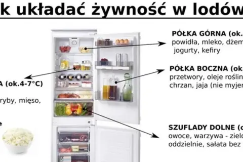Optymalna temperatura w lodówce: górna półka na nabiał, środkowa na ryby i mięso, dolne szuflady na warzywa.
