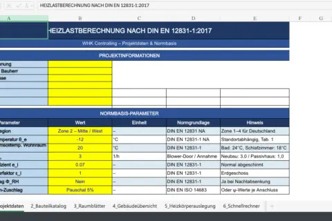 Tabellenausschnitt zur Heizlastberechnung nach DIN EN 12831-1:2017 mit Parametern wie Klimazone, Normaußentemperatur und Luftwechsel.