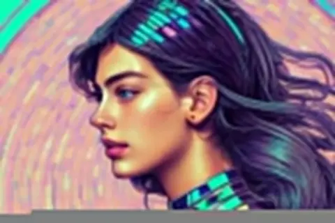 Portret kobiety z niebieskimi oczami i ciemnymi włosami, ozdobionymi neonowymi pasemkami. Jej szyję otacza futurystyczny kołnierz. Obraz przypomina stylizowaną **lensa**.
