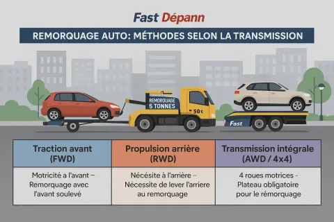 Illustration montrant les méthodes de remorquage selon la transmission : traction avant, propulsion arrière ou intégrale. Le remorquage dépend de la propulsion ou traction du véhicule.