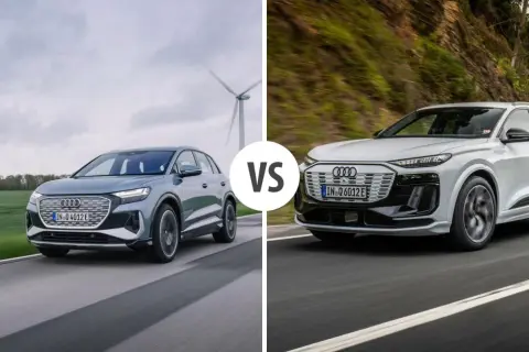 Dwa modele Audi e-tron: szary SUV na tle wiatraków i biały SUV na krętej drodze.