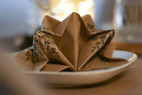 Une serviette en papier marron avec des motifs végétaux verts est pliée en forme d'étoile sur une assiette blanche. Ce pliage serviette triangle ajoute une touche festive.