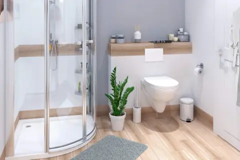 Moderne badezimmer ideen: Duschkabine, Toilette, Pflanze und Holzboden schaffen eine einladende Atmosphäre.