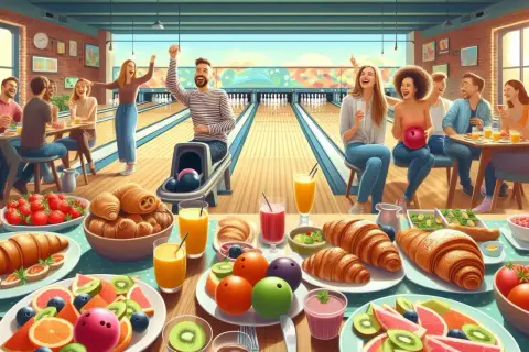 Freunde feiern beim Bowling in Gummersbach mit Obst und Gebäck.