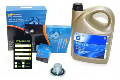 Zestaw do wymiany oleju i filtrów do Opla Astry H 1.6 benzyna: olej GM 5W-30 dexos2, filtry powietrza, kabinowy, oleju i paliwa.