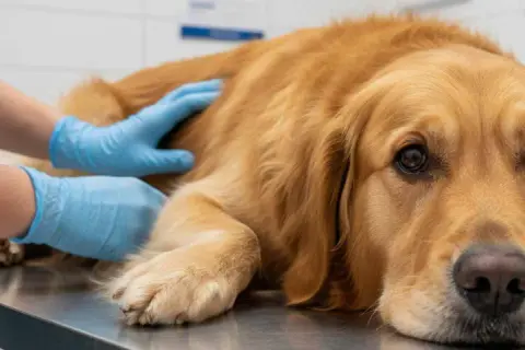 Ein Golden Retriever liegt auf einem Untersuchungstisch, während ein Tierarzt mit blauen Handschuhen ihn streichelt. Der Hund wirkt müde, vielleicht wegen IBD.