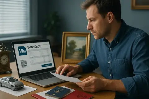 Mężczyzna analizuje fakturę VAT marża na laptopie. Obok leży paszport i model samochodu.