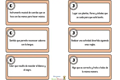 Tarjetas con preguntas divertidas tipo Pasapalabra para niños: instrumento musical, lugar bonito, sentido del gusto, actividad con reglas, color gris y trato justo.
