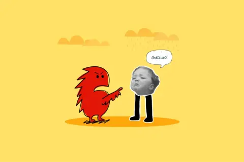 Röd figur pekar anklagande på ett barnansikte med ben. Barnet säger "Orättvist!". En illustration av destruktivt ledarskap.