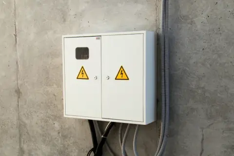 Biała skrzynka elektryczna z żółtymi symbolami ostrzegawczymi na betonowej ścianie. Zastanawiasz się, ile się czeka na podłączenie prądu do mieszkania?
