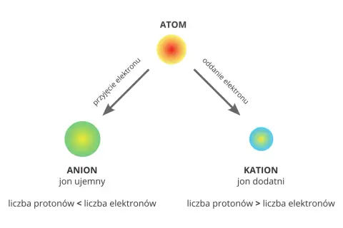 Schemat ilustruje proces jonizacji: atom staje się anionem (przyjęcie elektronu) lub kationem (oddanie elektronu).