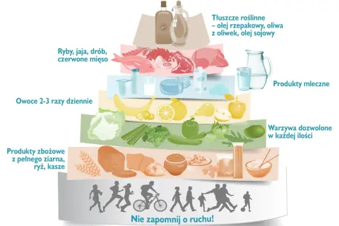 Piramide żywienia: warzywa, owoce, produkty zbożowe, nabiał, ryby, drób, chude mięso, tłuszcze roślinne. Przepisy na zdrową dietę po zawale i stentach.