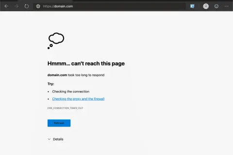 Strona domain.com nie odpowiada, wystąpił błąd ERR_CONNECTION_TIMED_OUT. Sprawdź połączenie.