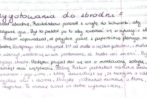 Ręcznie pisany tekst na kartce w kratkę, tytuł "Przygotowania do zbrodni".