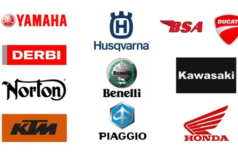 Logos de marcas de motos: Yamaha, Derbi, Norton, KTM, Husqvarna, Benelli, Piaggio, BSA, Ducati, Kawasaki y Honda.