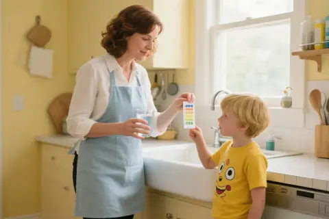 Une mère et son fils testent la qualité de l'eau du robinet dans leur cuisine. Le test indique un débit d'eau normal dans la maison.