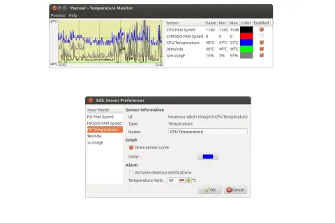 Monitor de temperatura de CPU en Psensor. Se muestra la gráfica de la temperatura y se editan las preferencias del sensor para ver la temperatura de la CPU.